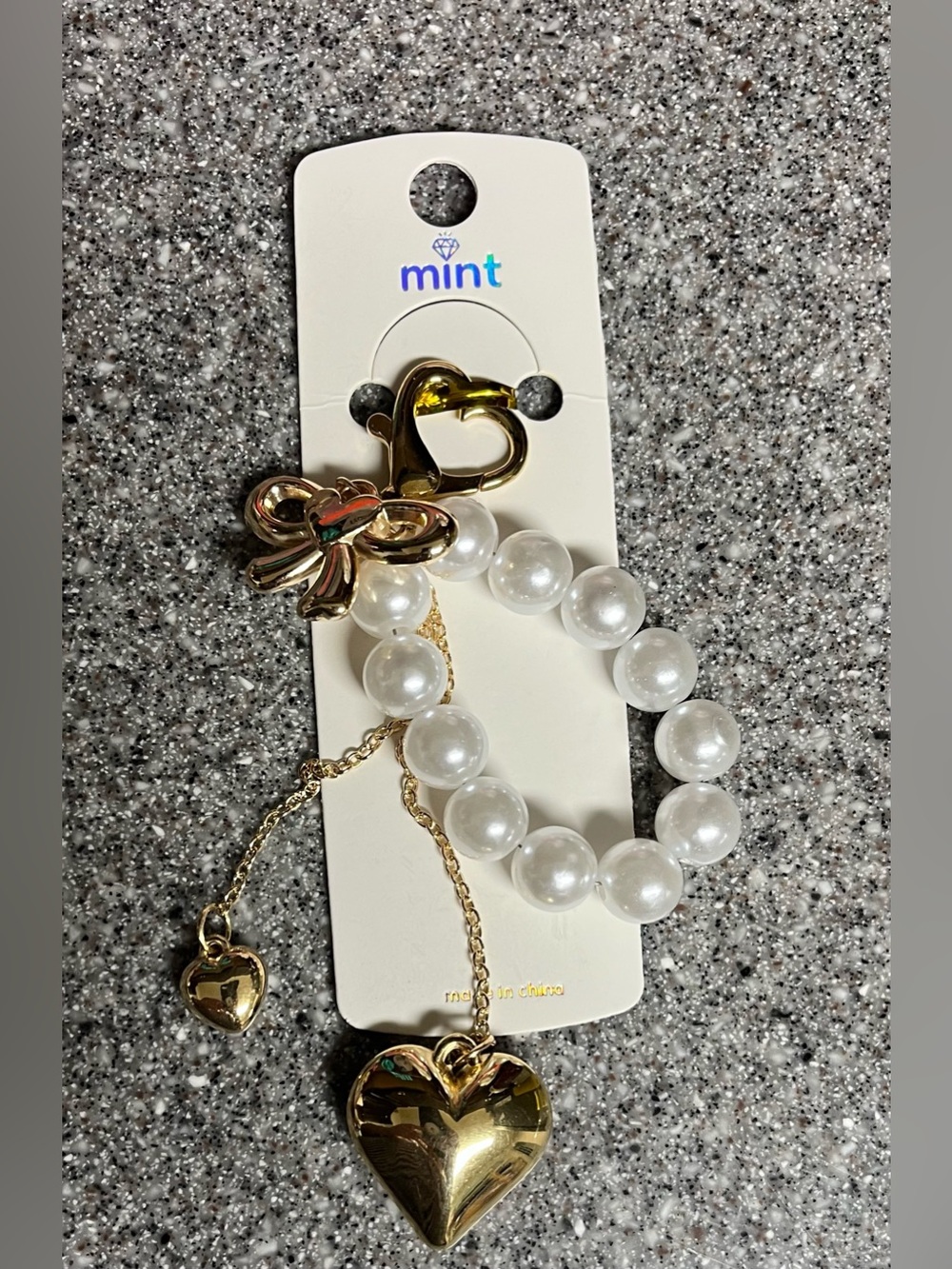 Mint White Pearl Bead Keychain with Gold Heart and Bow Charms